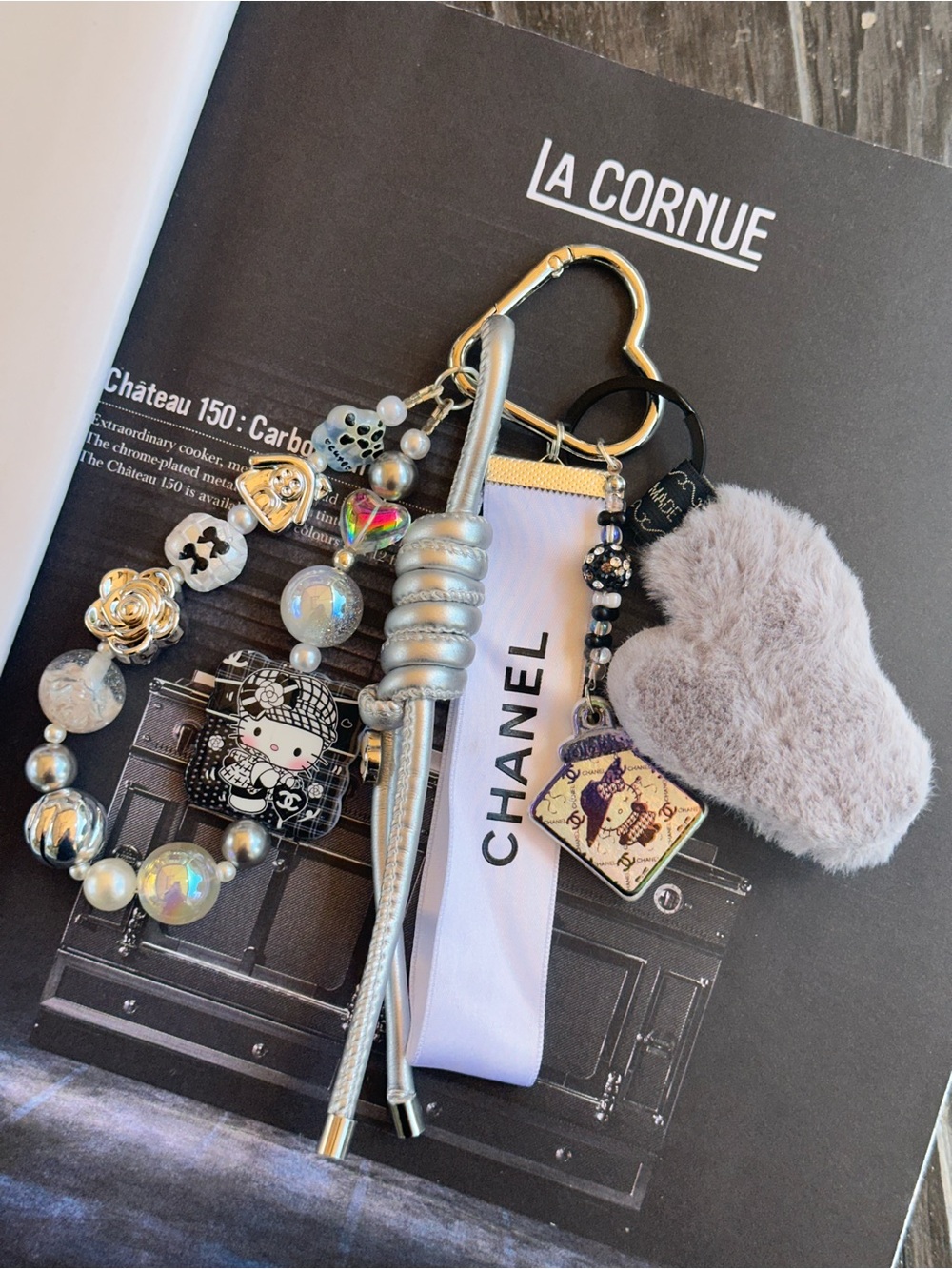 Authentic CC Ribbon with Grey Plush Heart & hello Kitty Charm